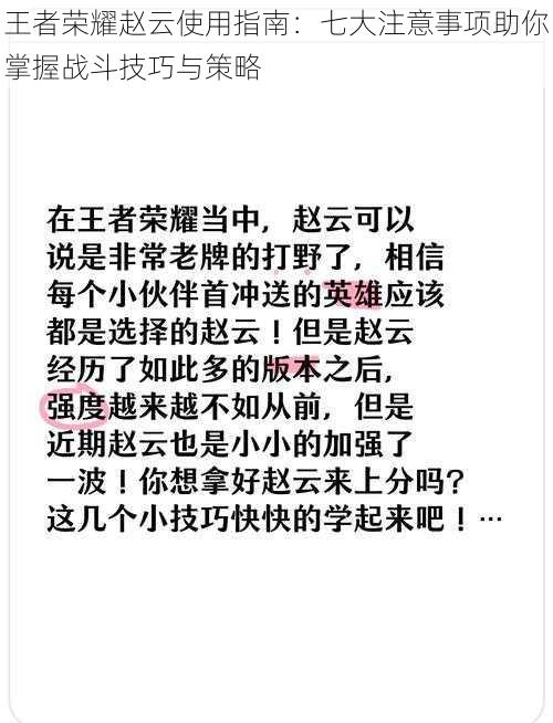 王者荣耀赵云使用指南：七大注意事项助你掌握战斗技巧与策略