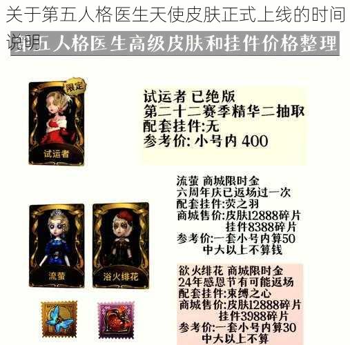 关于第五人格医生天使皮肤正式上线的时间说明