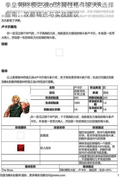 拳皇98终极之战ol防属性格斗家大R选择指南：攻略精选与实战建议